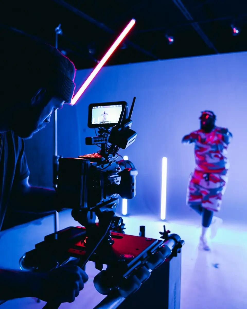 Camarógrafo grabando una producción audiovisual en un estudio iluminado